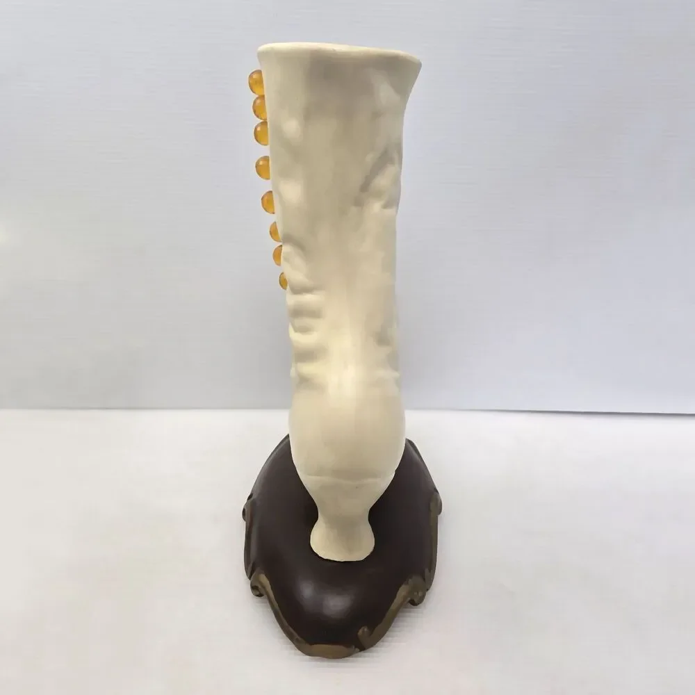 Atlantic Mold White Ceramic Victorian High Top Button Boot Vase Lace Up Shoe Vtg